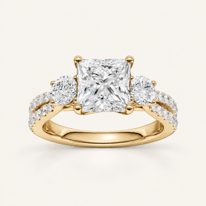 4CT Princess Cut Lab Grown Diamond Hidden Halo Three Stone Ring