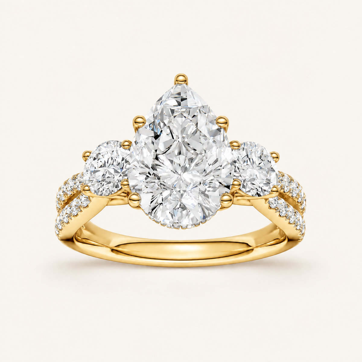 4CT Pear Cut Lab Grown Diamond Hidden Halo Three Stone Ring