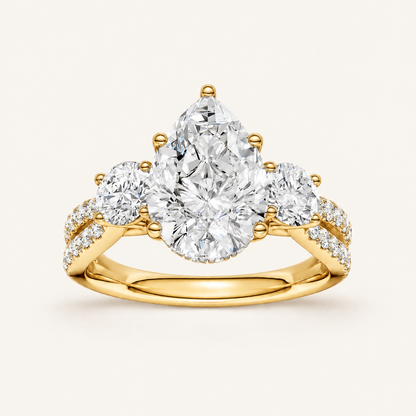 4CT Pear Cut Lab Grown Diamond Hidden Halo Three Stone Ring