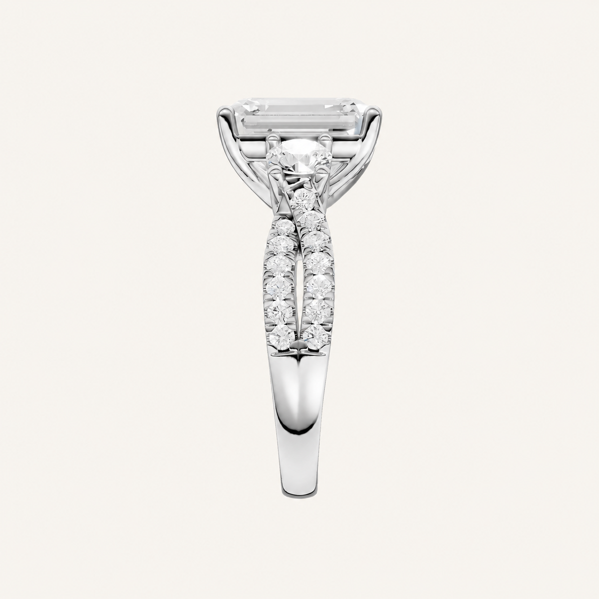 4CT Emerald Cut Lab Grown Diamond Hidden Halo Three Stone Ring