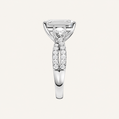 4CT Emerald Cut Lab Grown Diamond Hidden Halo Three Stone Ring