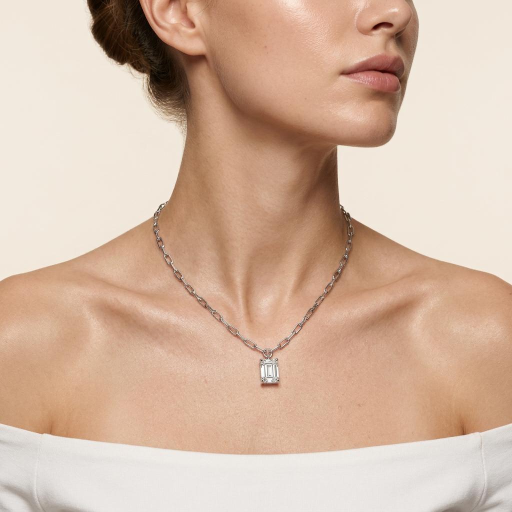 2CT Emerald Cut Lab Grown Diamond Pendant Necklace