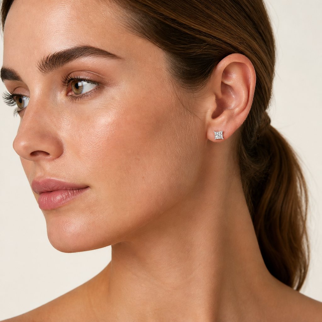 1.00 CT Princess Cut Round Diamond Lab Grown Earrings